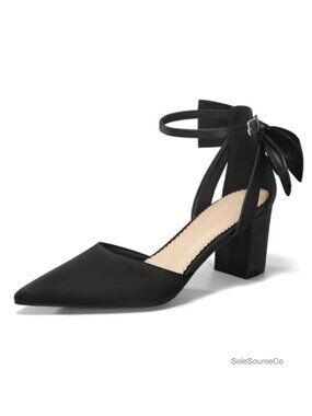Chunky Heels Ankle Strap Pointed Toe Pumps Bow Satin Block Heel